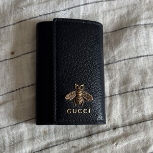 Gucci Black Leather Card Holder with Gold Bee